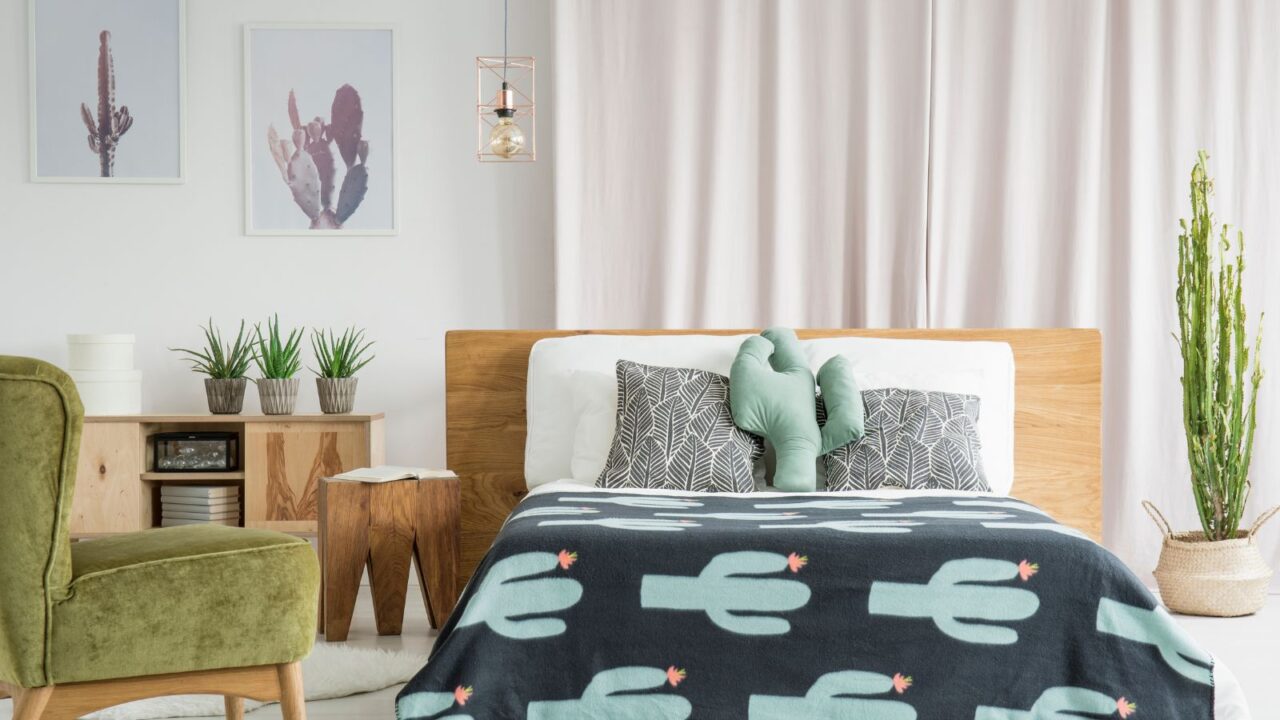 Cactus theme room - frames, cushion, blankets. Wooden bed and side table and velvet chair. 3 small cactus vases on a console table are placed on the left and a big plant in a woven basket is placed on the floor on the right.