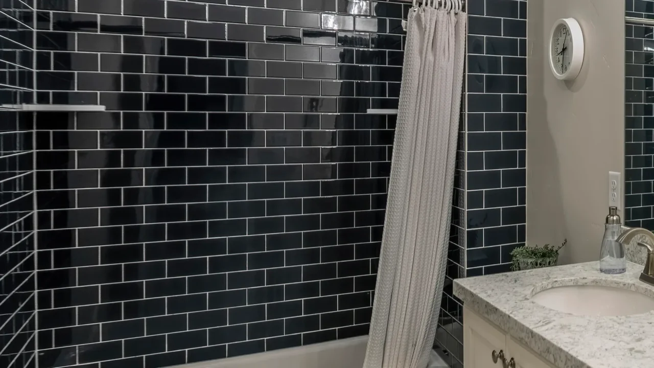 square master bathroom with double vanity sink and shower tub