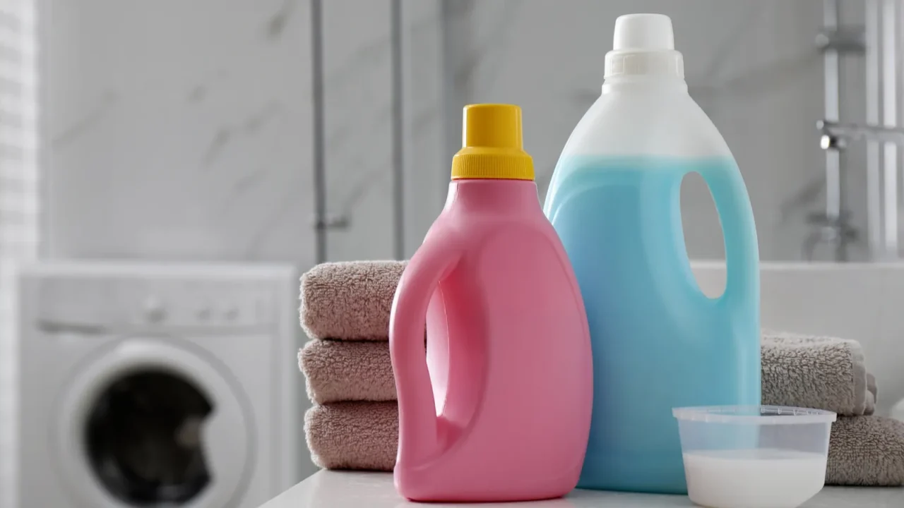 Two detergent bottles and towels arranged on a countertop beside a washing machine.