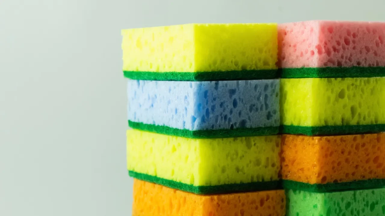 stacks of multicolored sponges on grey background with copy space