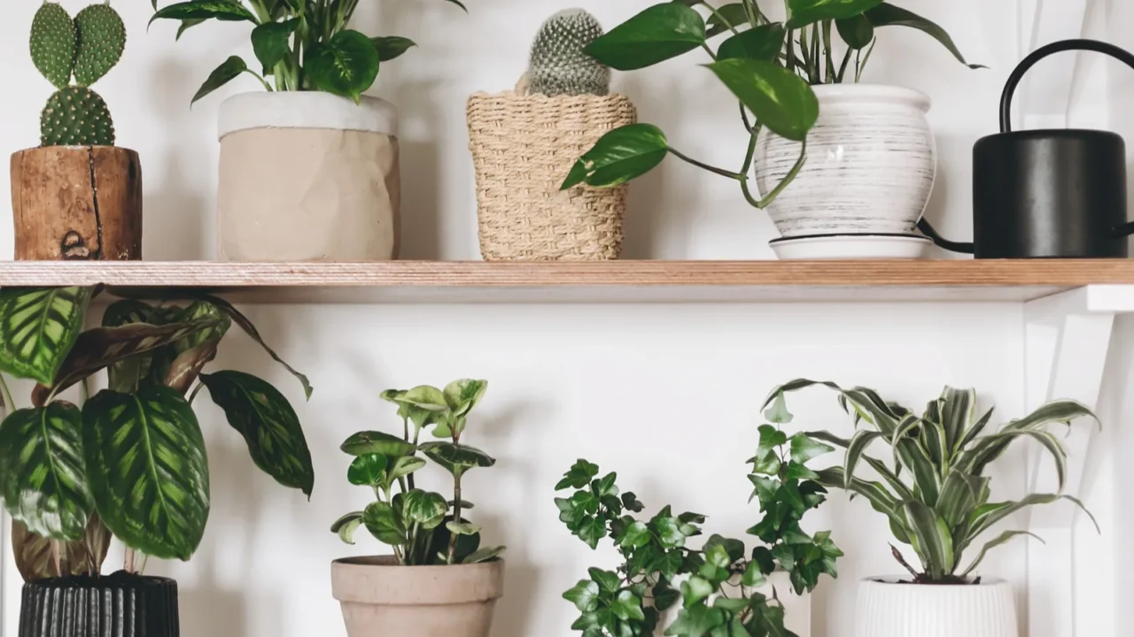 stylish green plants and black watering can on wooden shelves