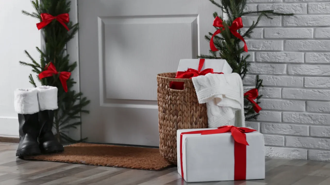 stylish hallway interior with decorated door and christmas gifts space