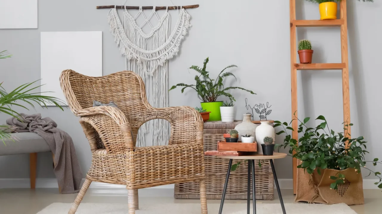 stylish interior of room with beautiful houseplants