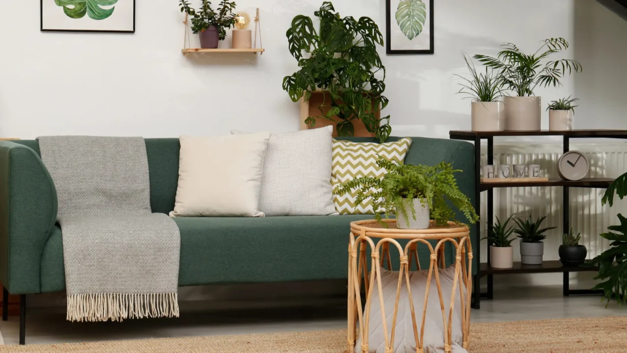 stylish living room interior with comfortable sofa and green plants