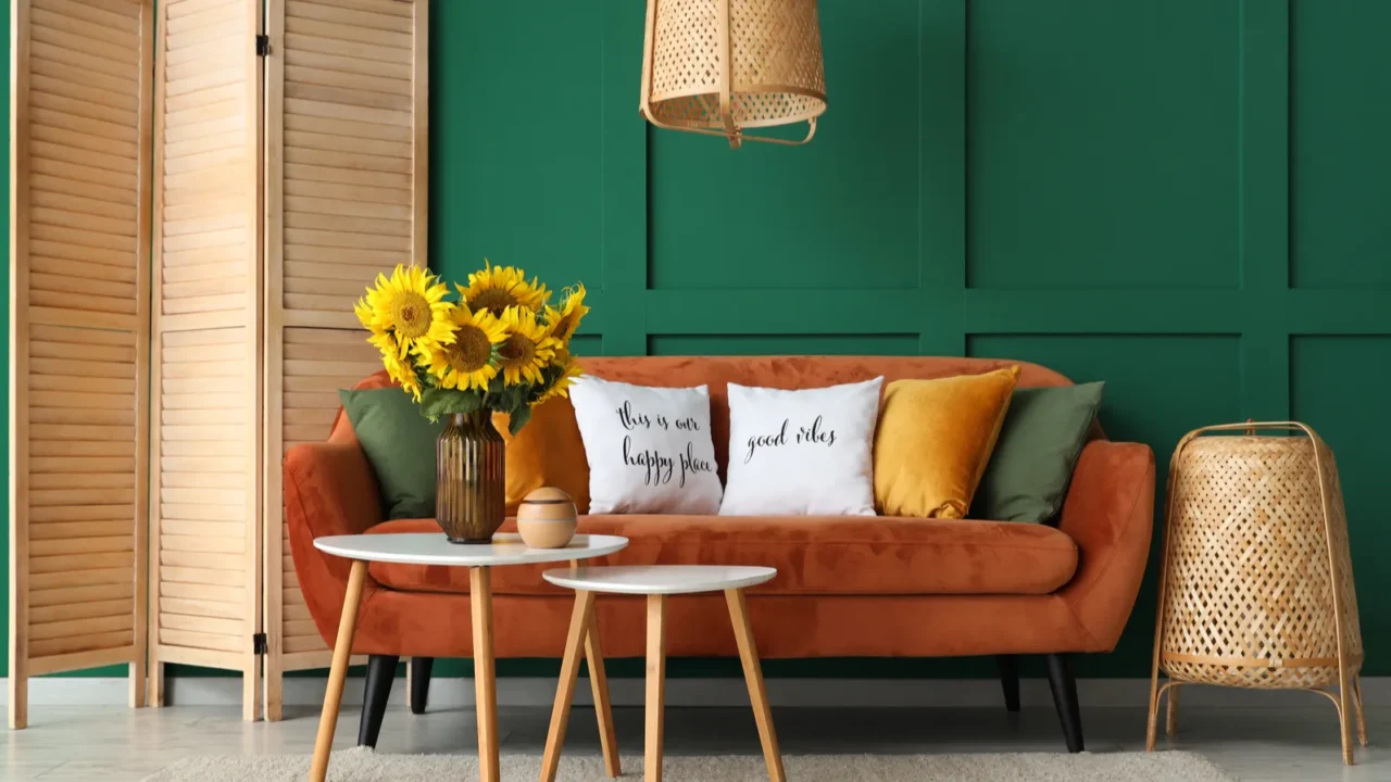 Stylish living room with orange sofa with yellow, olive green, and white cushions, and centrepiece vase of beautiful sunflowers on a table with a humidifier. Green wall at the back, wicker hanging light and wicker table, and a light-colored wooden separator.