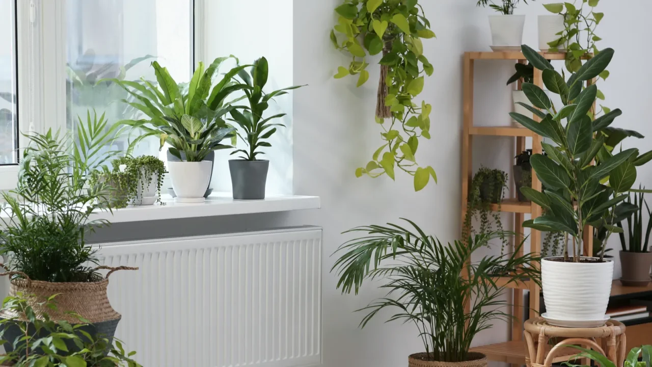 stylish room with beautiful plants near window interior design