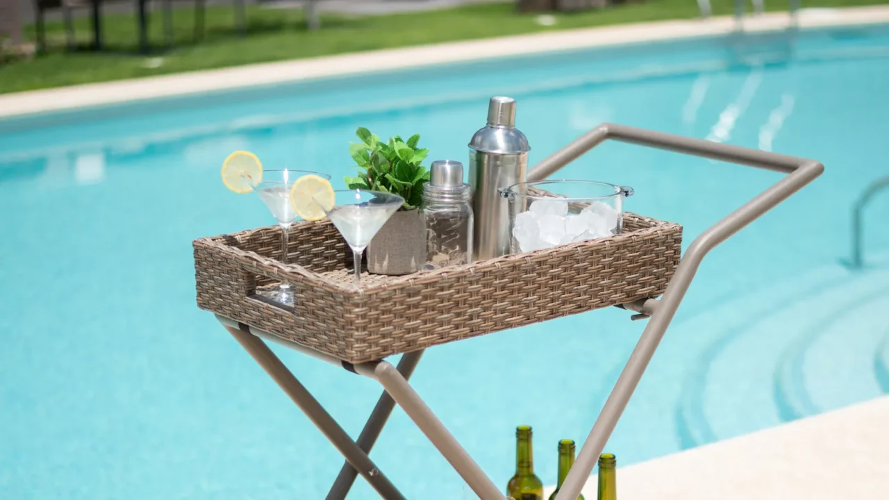 summertime poolside celebration cart outfitted with a rattan bar trolley