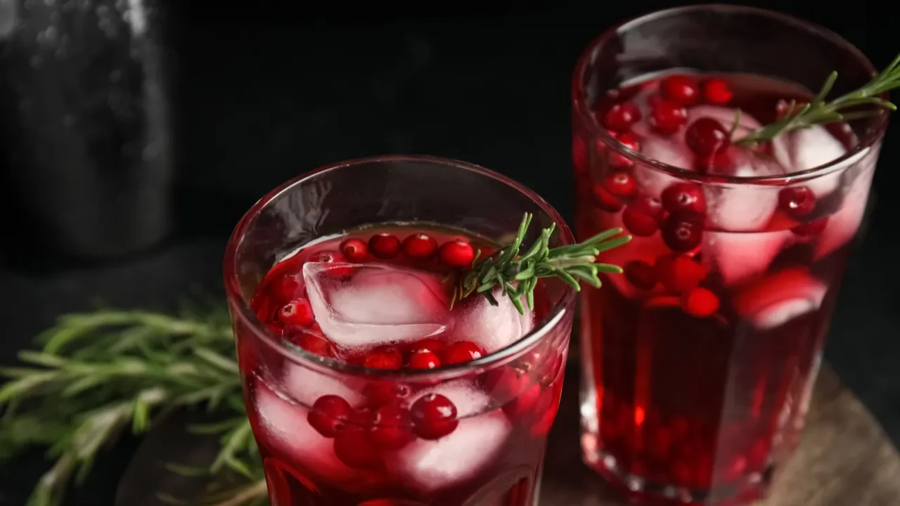 tasty refreshing cranberry cocktail with rosemary on black table