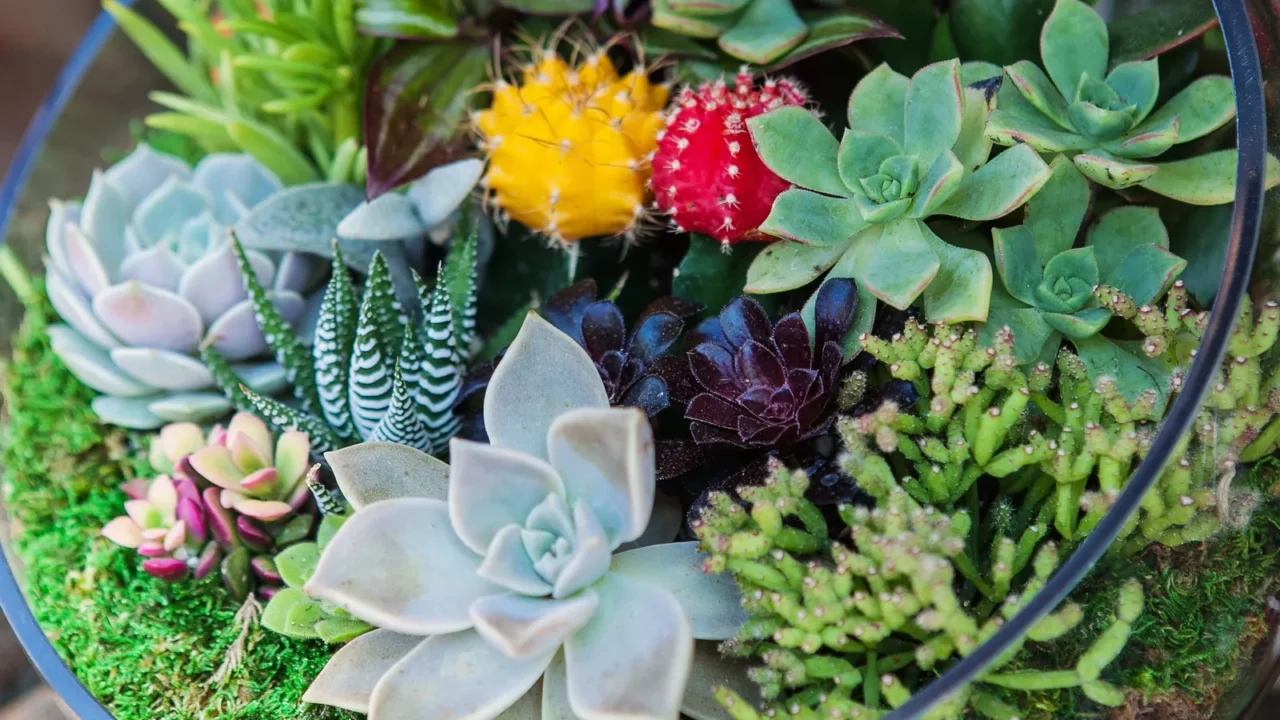 terrarium with cactus succulent plant