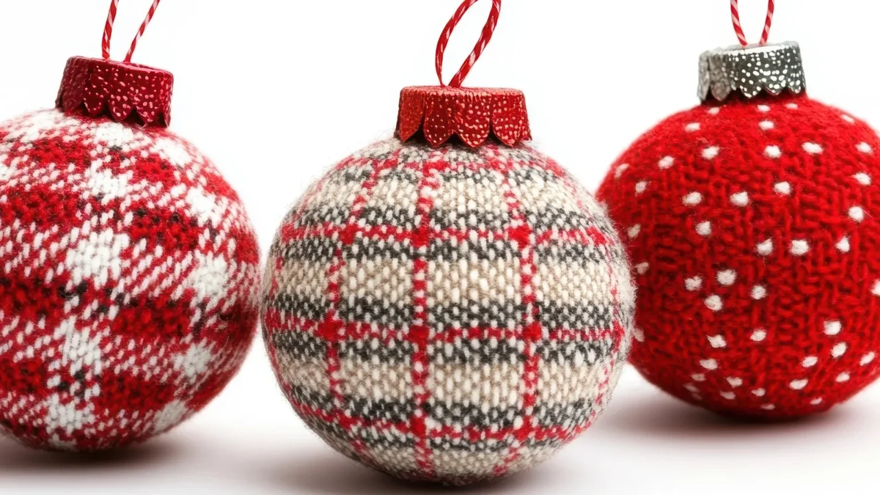 three festive holiday ornaments in red and white featuring cozy