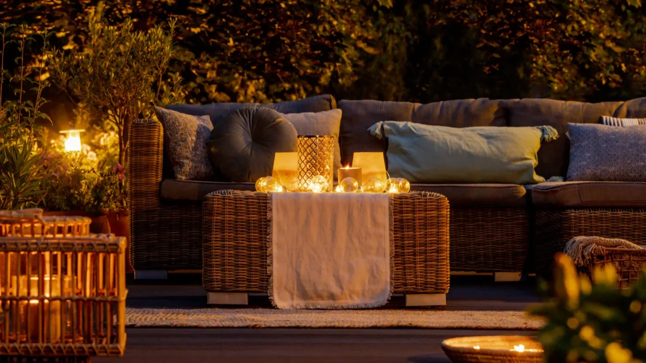 Trendy furniture lights, lanterns and candles in the garden with a wicker sofa set adorned with grey cushions and pillows.