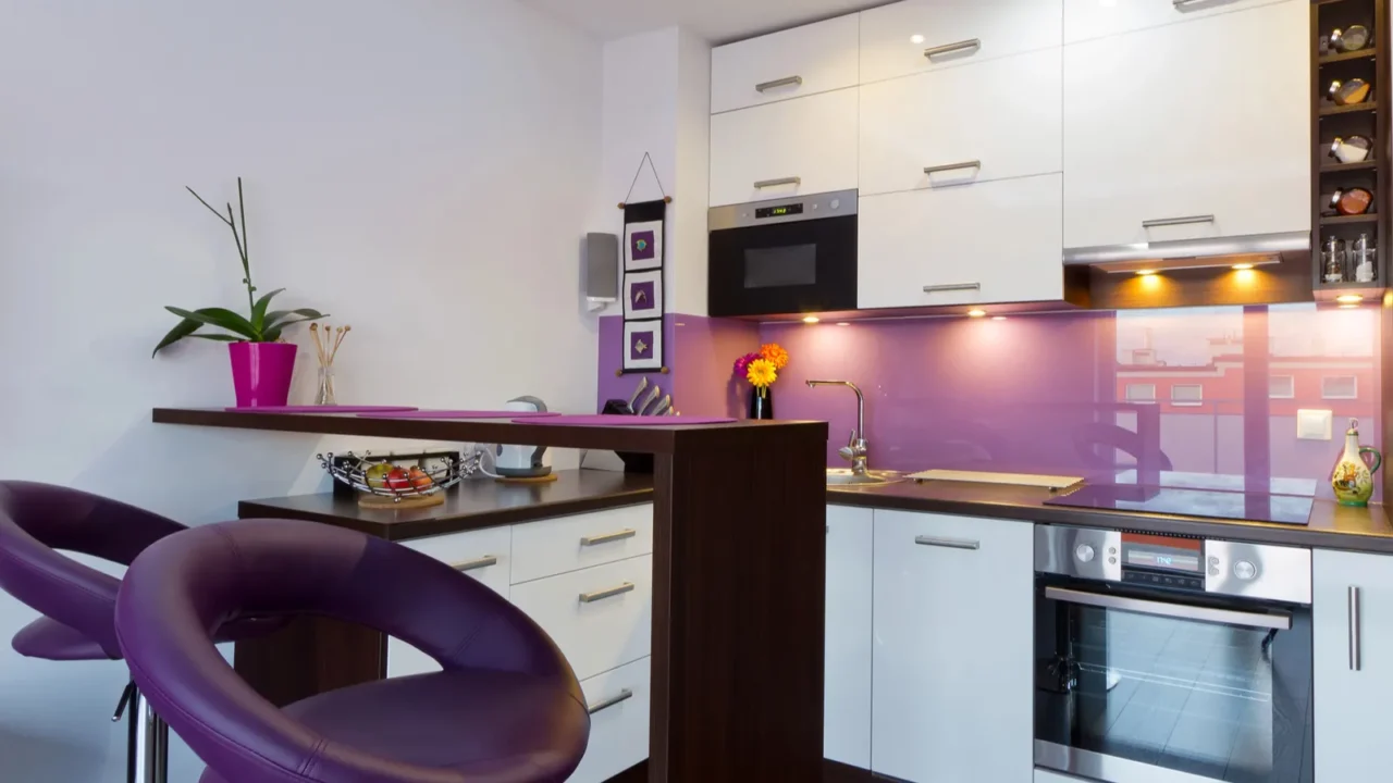 white and purple kitchen interior