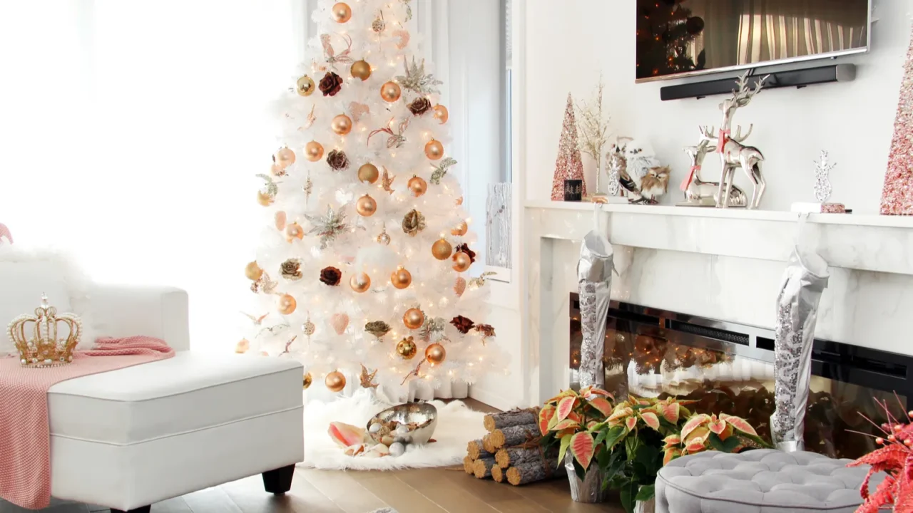 white contemporary christmas tree a plush loveseat sofa in the