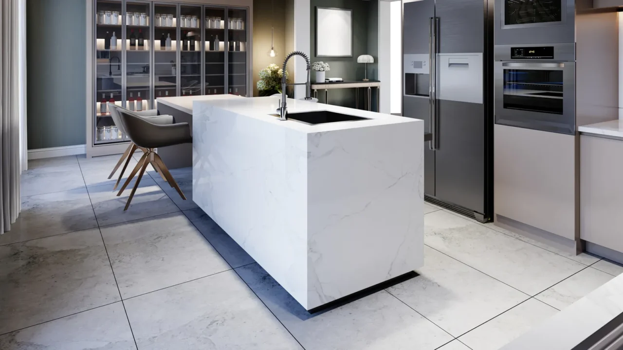 white kitchen island in a modern kitchen with a large