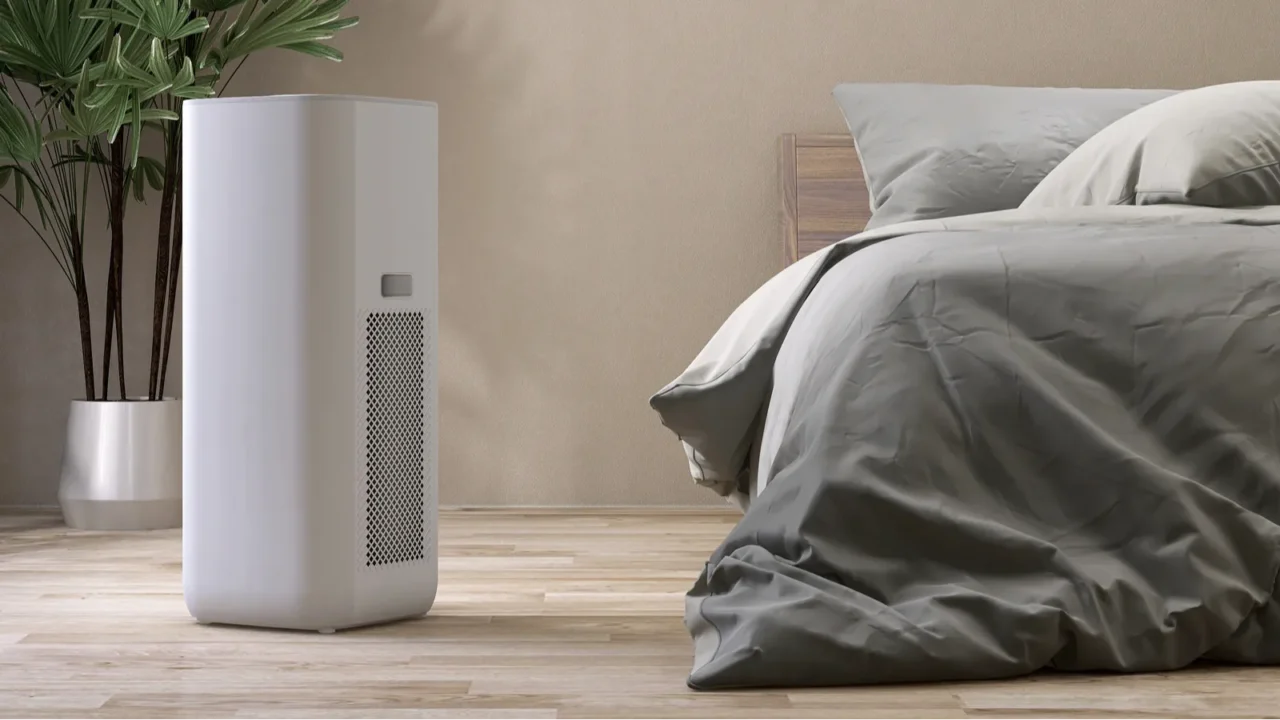 white modern design air purifier dehumidifier in beige brown wall