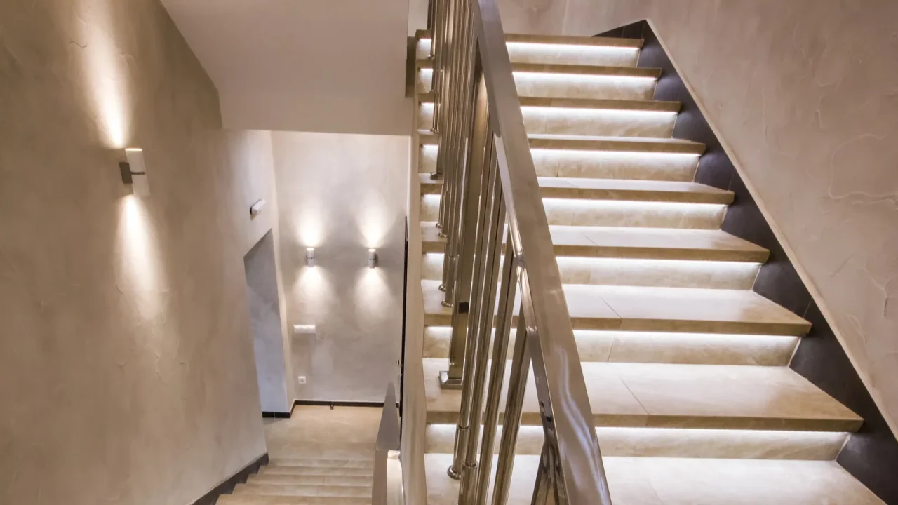 white stairs of modern building with illumination and with a