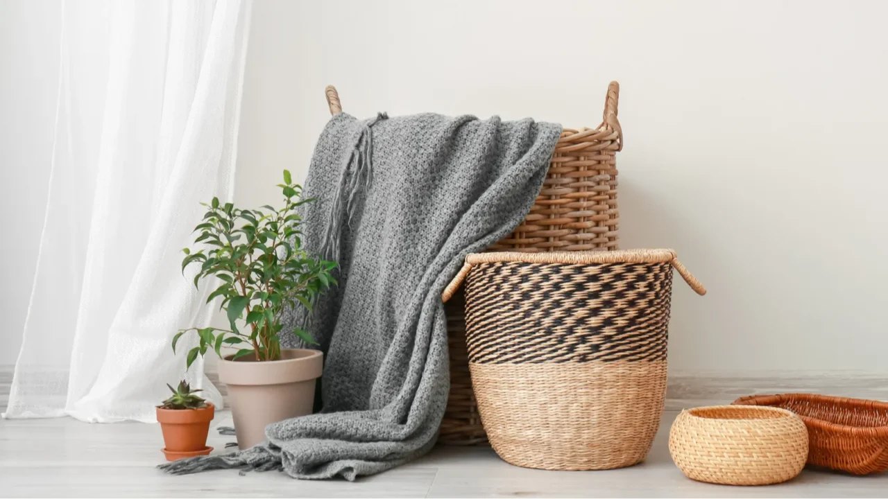 Wicker baskets with houseplants and plaid in room.