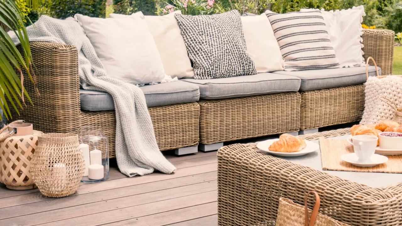 A cozy patio with wicker furniture, throw blanket, and candles in woven and clear lanterns.