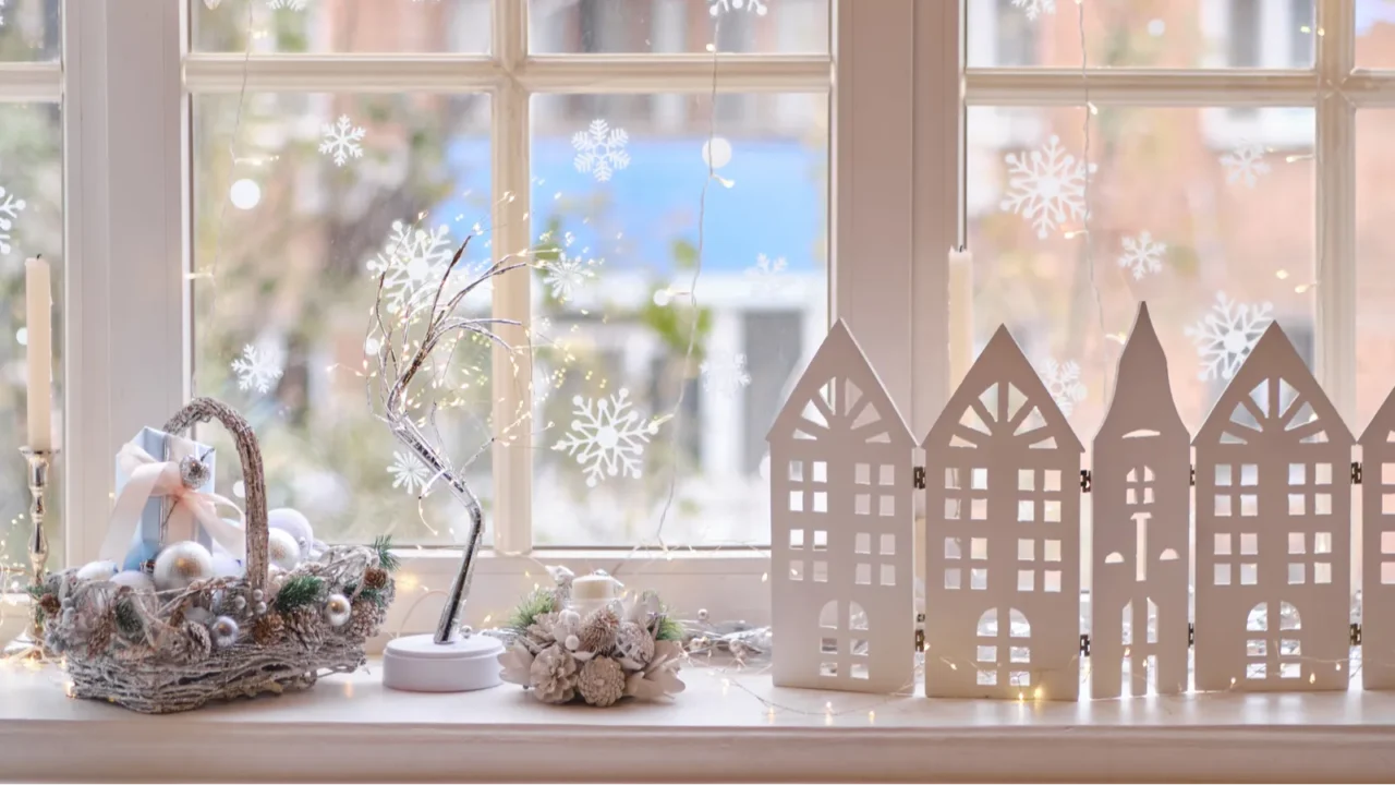 winter decor on windowsill with decor basket with christmas balls