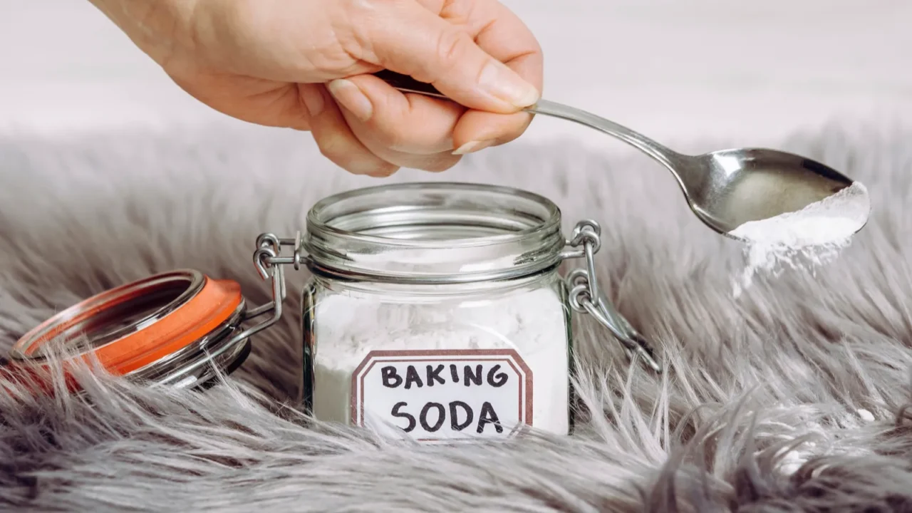 woman hand pouring baking soda sodium bicarbonate in long hair