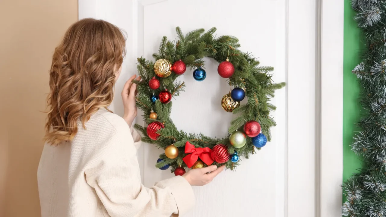 woman in white sweater hanging christmas wreath on door