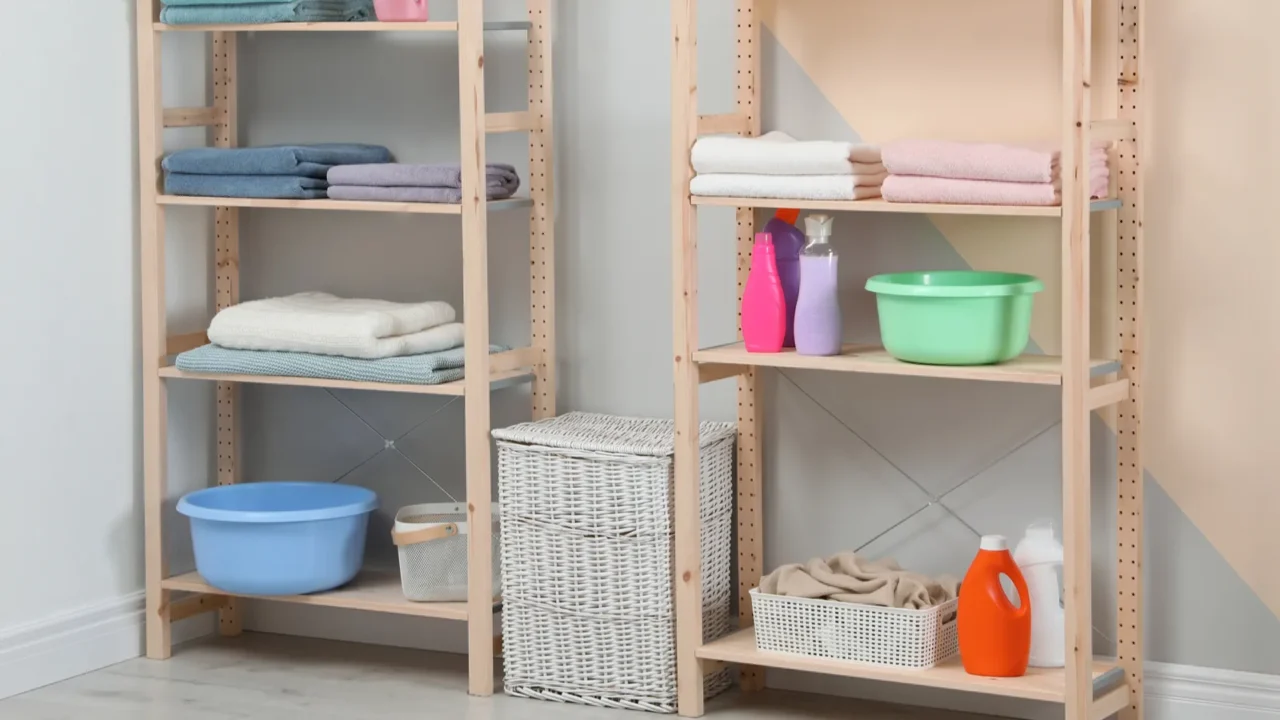 wooden shelving units with clean towels and detergents in stylish