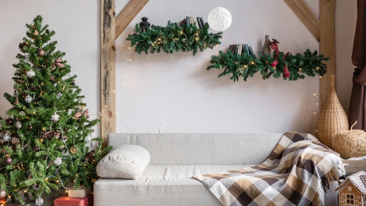 xmas in morning living room sofa bed in christmas interior