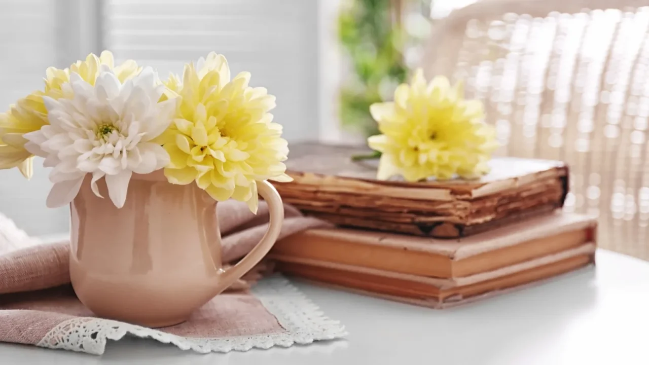 yellow and white chrysanthemum in milk jug on napkin