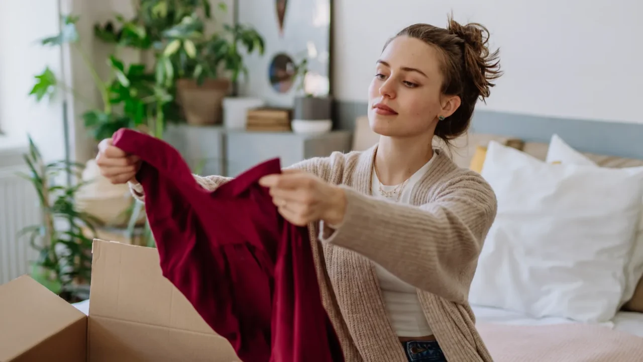 A woman examines a burgundy shirt while unpacking a box in a cozy, plant-filled room.