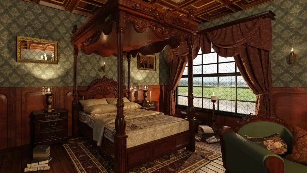 A Victorian bedroom interior with wooden bed, wooden nightstand with lamp, rug, and framed mirror on the wall.