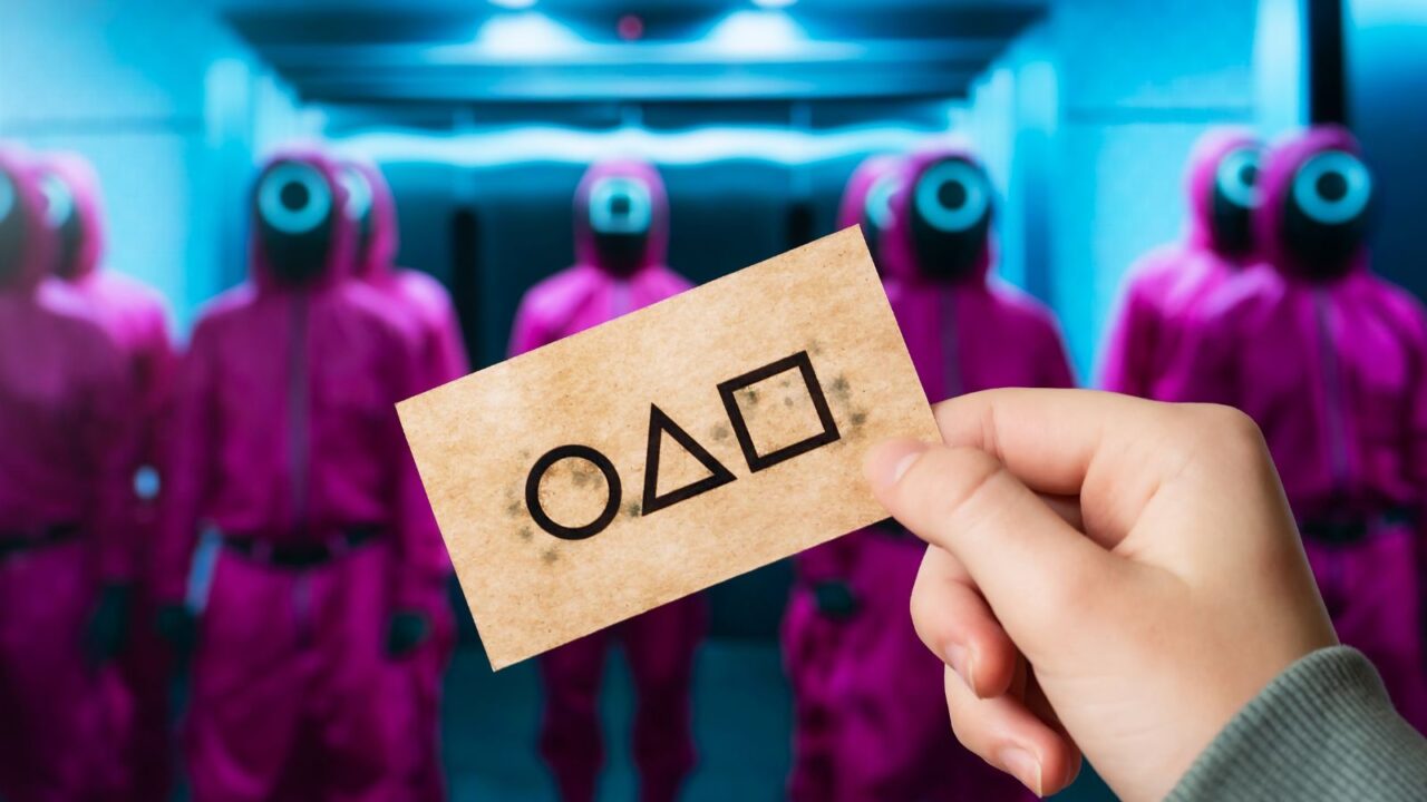 A person holds a card with shapes while a group in pink outfits stands in the background.