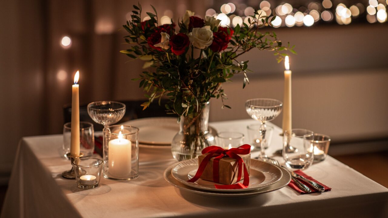 A warmly lit dining table with flowers, candles, and a gift, creating an elegant atmosphere