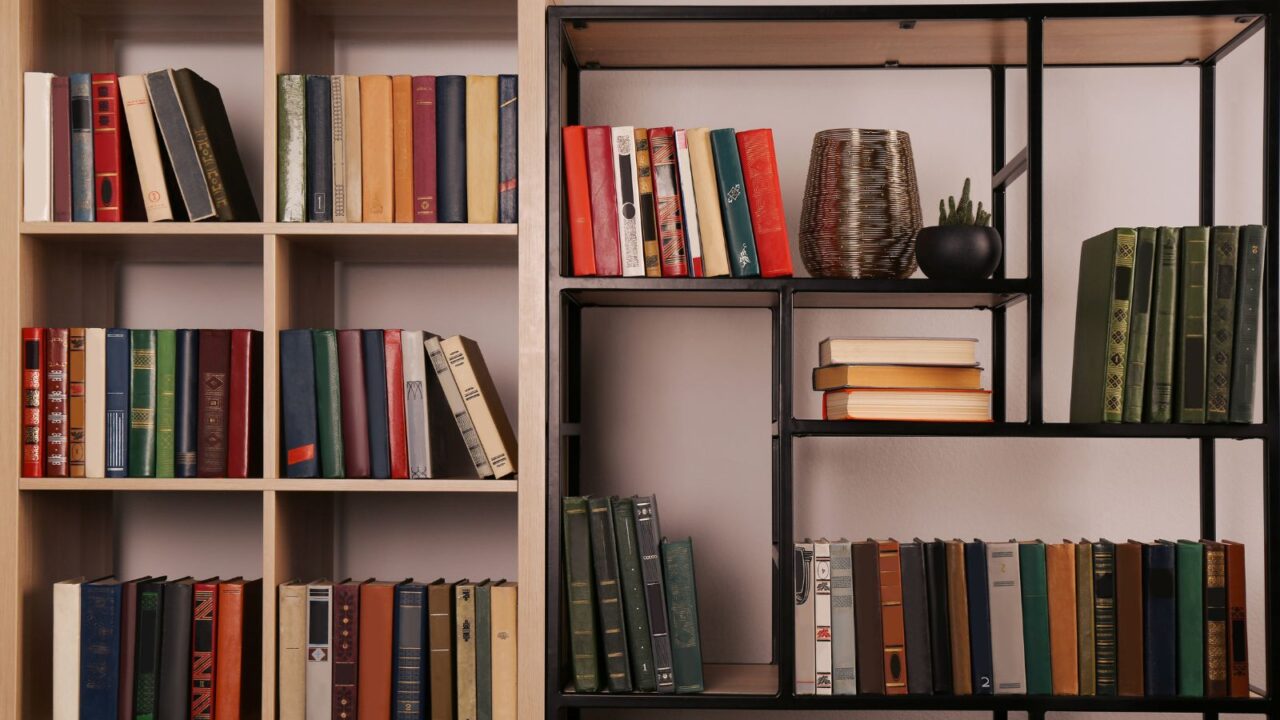 A bookshelf with different books, vase, and small potted plant in front of a white wall.