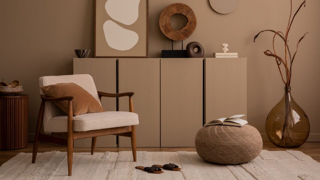 A cozy living room interior with a wooden armchair, floor cushion, console table with framed art and sculptures, rug, and vase.