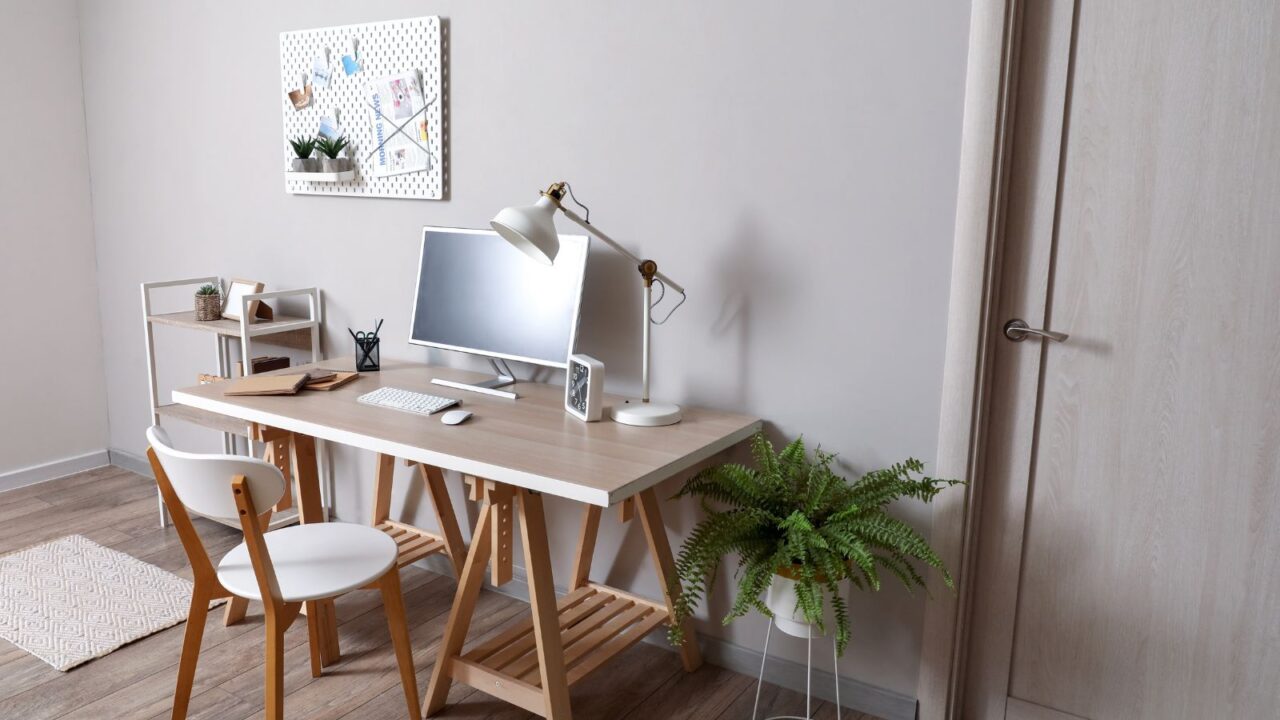 A home office interior with a wooden desk, chair, computer, lamp, and a pegboard on the wall.