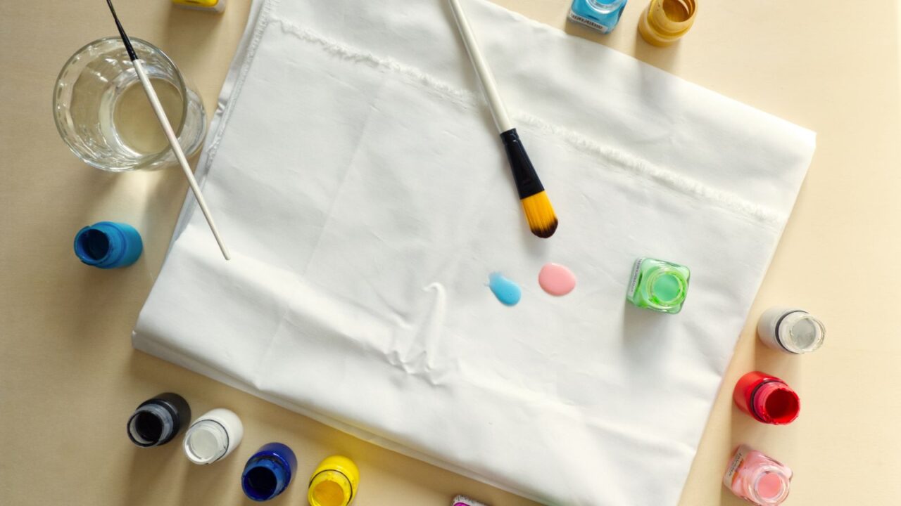 A white curtain, paint brush, fabric paints, and a glass of water on a table.