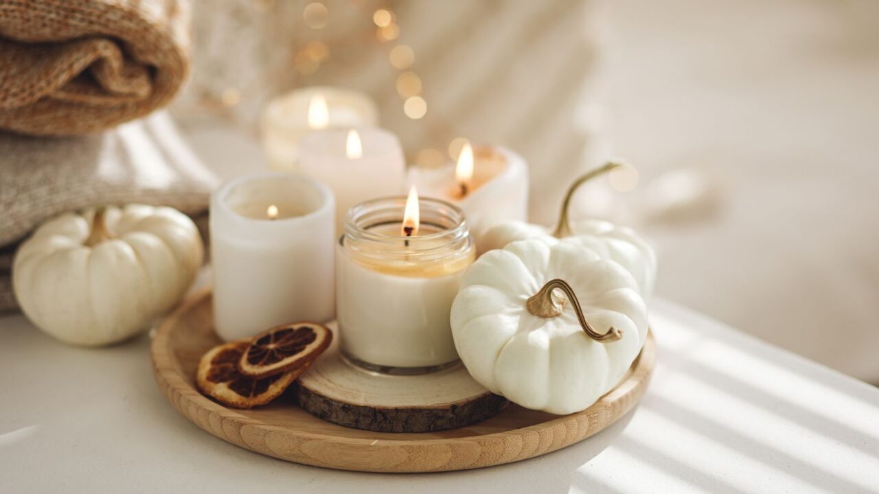 Burning scented candles and ceramic white pumpkins on a wooden tray placed on a white table.