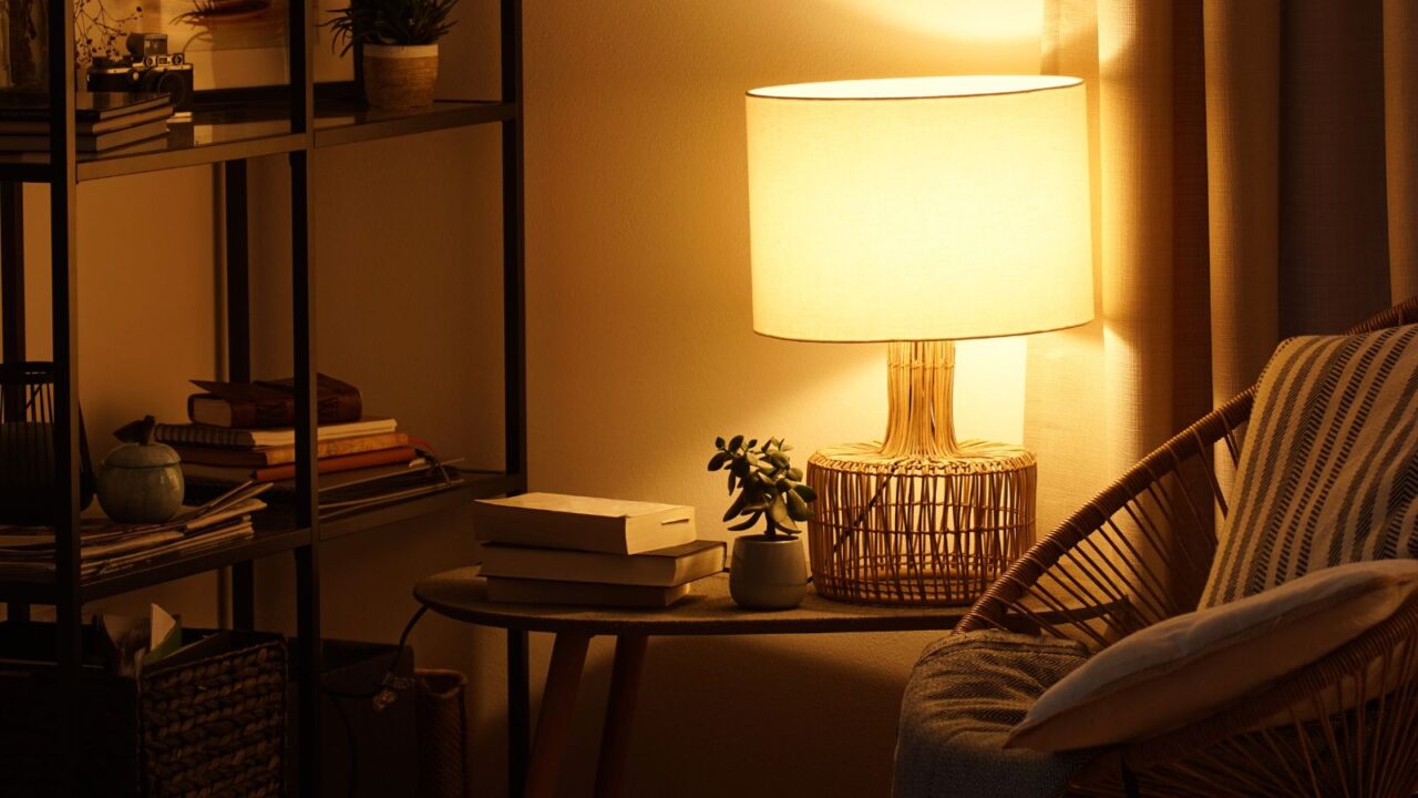 A cozy reading nook with an armchair, bookshelf with books, small potted plants, and a lamp on a table.