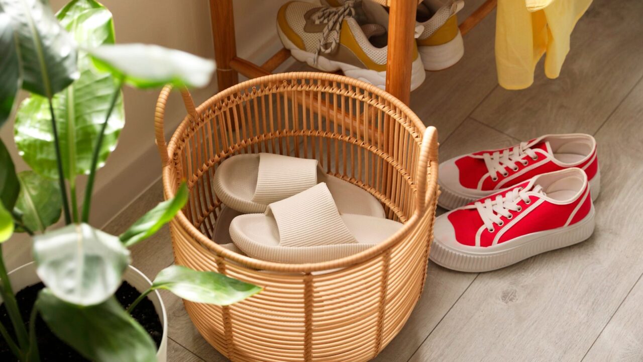 A woven basket with slippers, shoes, and houseplant in the entryway.