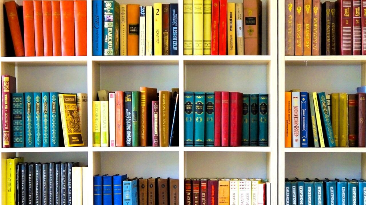 A white bookshelf with books grouped in colors.