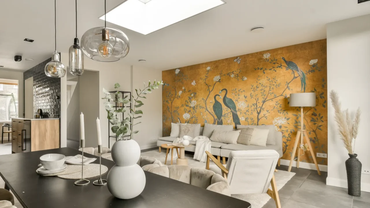 A stylish space with a floral accent wall, comfortable seating, and modern decor.