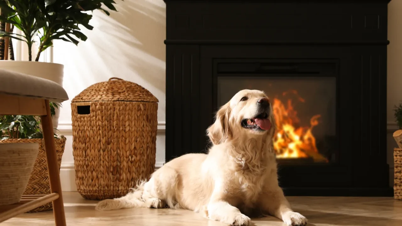 adorable golden retriever dog on floor near electric fireplace indoors