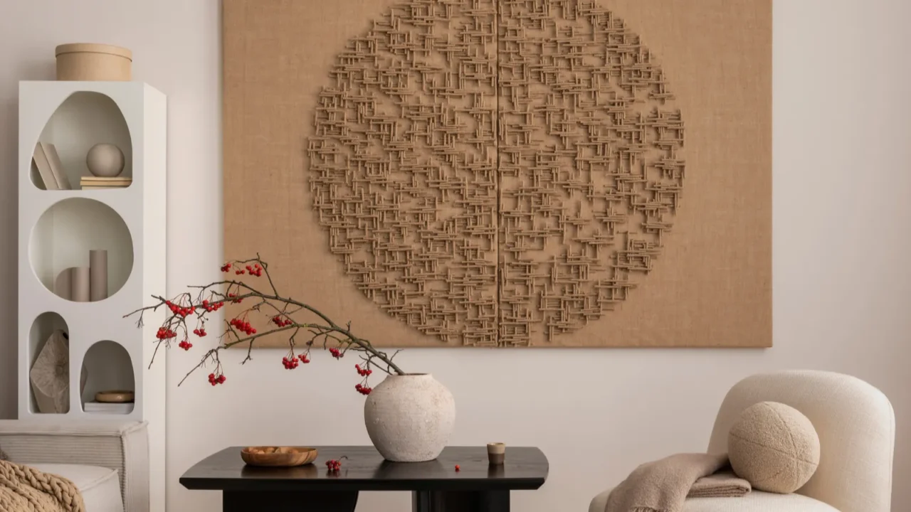 A textured wall hanging above a shelf with decorative items and a branch of berries.