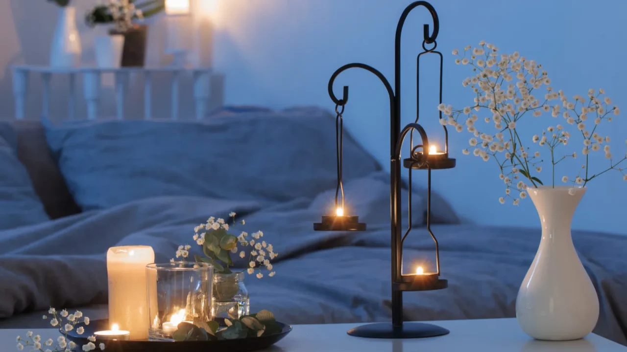 antique candlestick with burning candles in bedroom