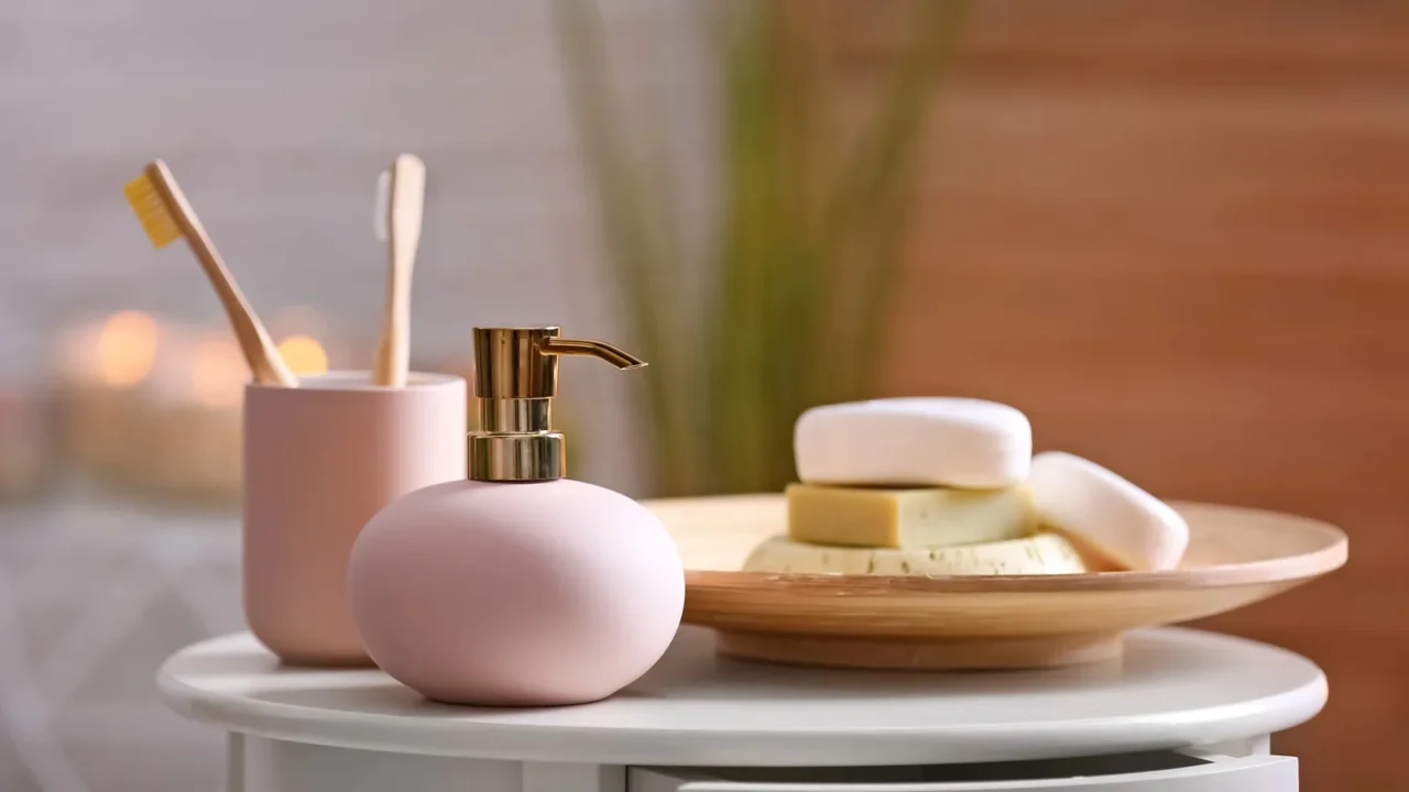 aromatic soap and shampoo on table against blurred background space