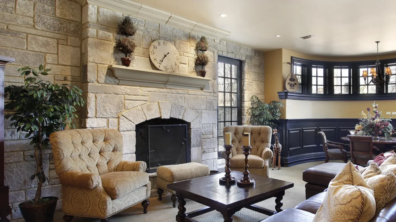 basement with stone fireplace