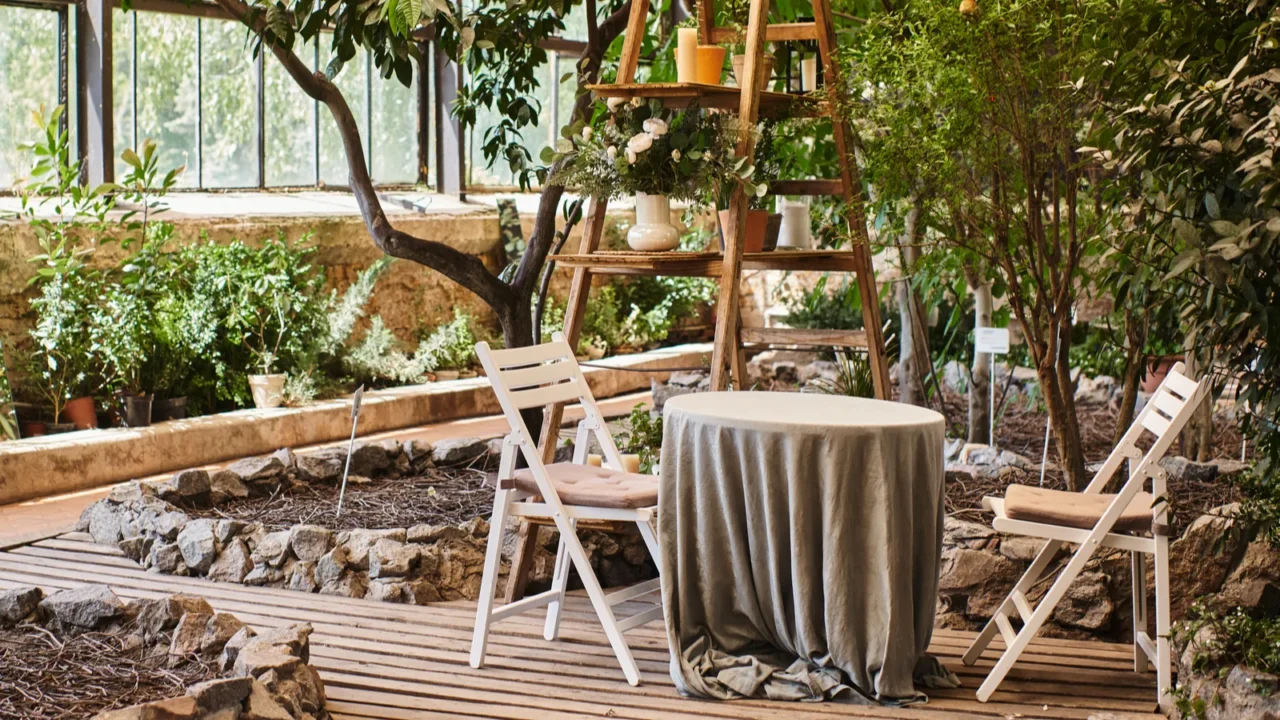 beautiful and modern greenhouse interior with wooden rack garden chairs