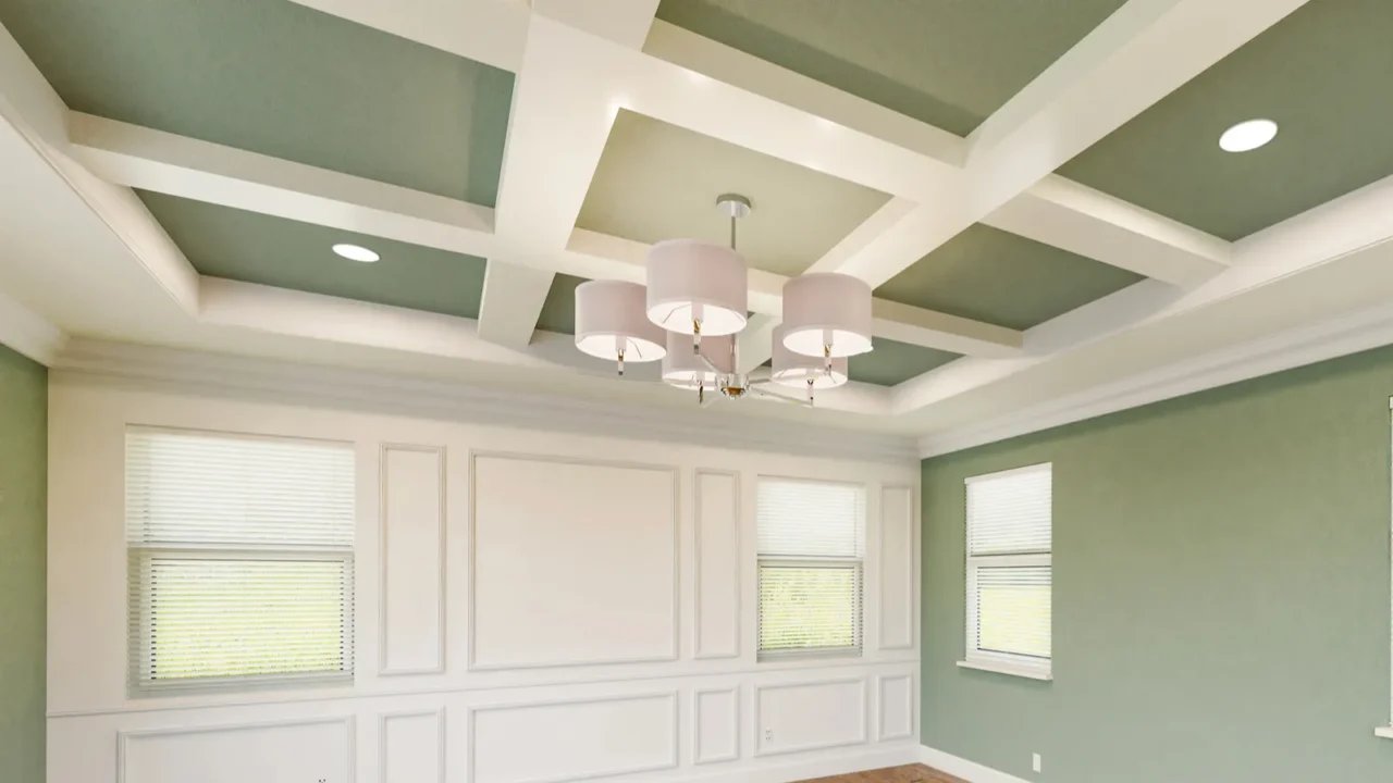 beautiful light green custom master bedroom complete with entire wainscoting