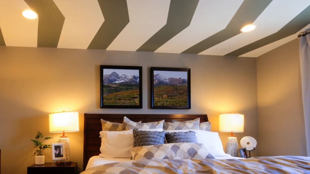 A bedroom interior with cozy bed, nightstands, framed posters on the wall, and painted pattern ceiling.