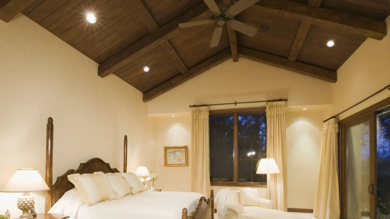 bedroom with wooden ceiling